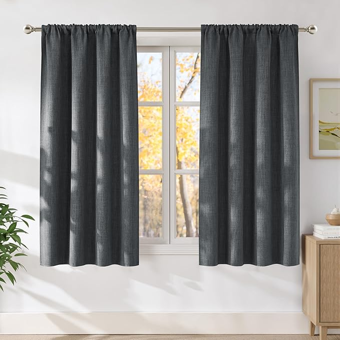 NICETOWN Charcoal Gray Faux Linen Room Darkening Rod Pocket Curtains 63 inch