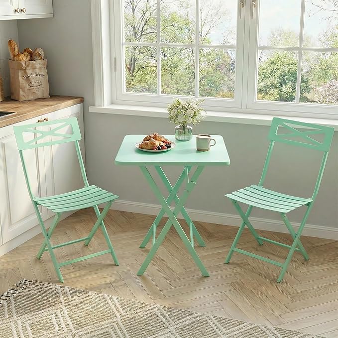 Outdoor Square Bistro Set 3 Piece, Green Iron Tube Patio Furniture Set with Square Table & 2 Chairs, Foldable Steel Backyard Deck Porch Garden , Space Saving Outdoor Dining Set for Small Spaces