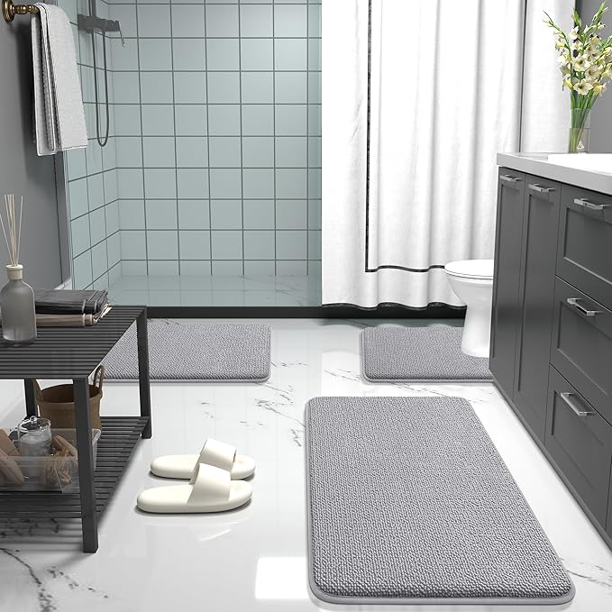 OLANLY Thick Memory Foam Bath Mat Rug 34x21, Extra Soft Absorbent Bathroom Rugs, Quick Dry Bath Mats, Non-Slip, Machine Washable Carpet for Bathroom, Tub and Shower, Home Decor Accessories, Grey