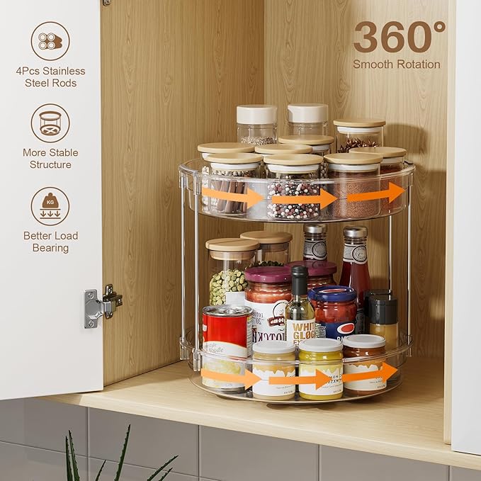 LAMU 12inch 2 Tier Lazy Susan Turntable Organizer Rotating Spice Rack Organization for Cabinet, Kitchen, Pantry, Countertop, Bathroom, Vanity, Medicine Cabinet Organizer, Clear