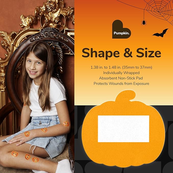 BioSwiss Kids Bandages, Halloween Pumpkin Shaped Self Adhesive Bandage Set, Latex Free, Sterile Wound Care, 24 Count