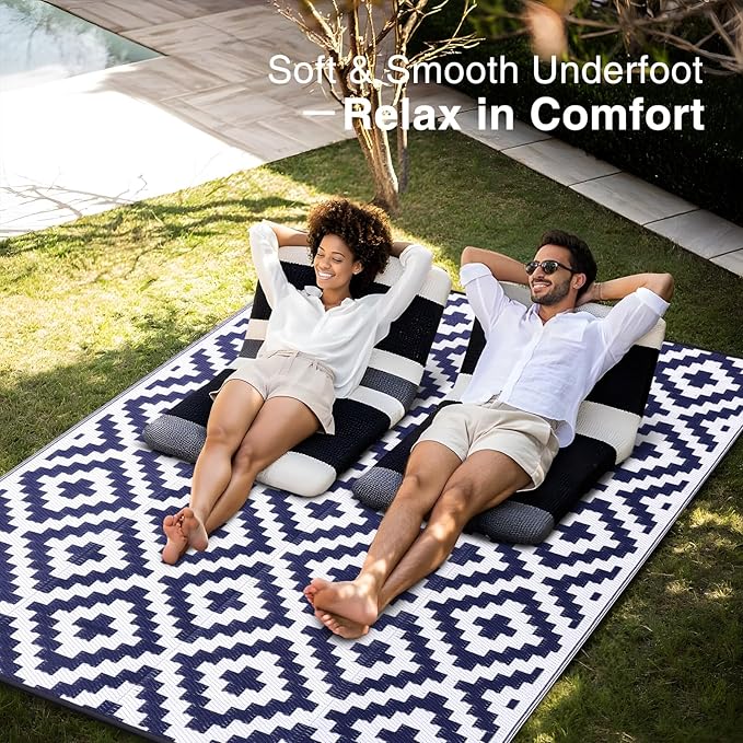 OLANLY Waterproof Outdoor Rug 9x18 ft, Outdoor Plastic Straw Rug for Camping, RV Mat Outside, Indoor Outdoor Carpet for Porch, Deck, Backyard, Balcony, Picnic, Navy & White