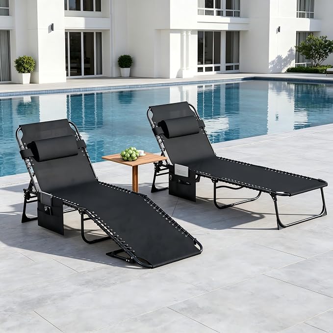 Outdoor Lounge Chair, Foldable Reclining Chaise Lounge with Detachable Pillow & Side Pocket, 4-Position Recliner Tanning Chair for Beach, Pool, Lawn, Backyard, Black, 2 Packs