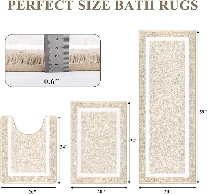 Pauwer Bathroom Rugs Sets 3 Piece Bathroom Shower Rugs with U-Shaped Contour Toilet Mat Absorbent Microfiber Plush Bath Mats Non Slip Bath Rugs Machine Washable Shaggy Bath Floor Mats, Light Beige