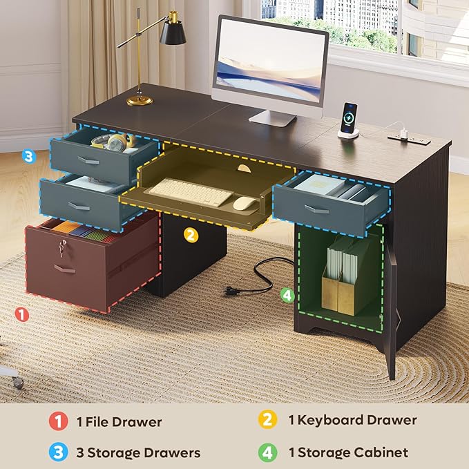 Bestier 59” Office Desk with Lockable Drawers, Modern Computer Desk with File Drawer, Charging Station & Drop-Front Keyboard Drawer, Executive Desk with Storage Cabinet for Home Office & Studio, Black