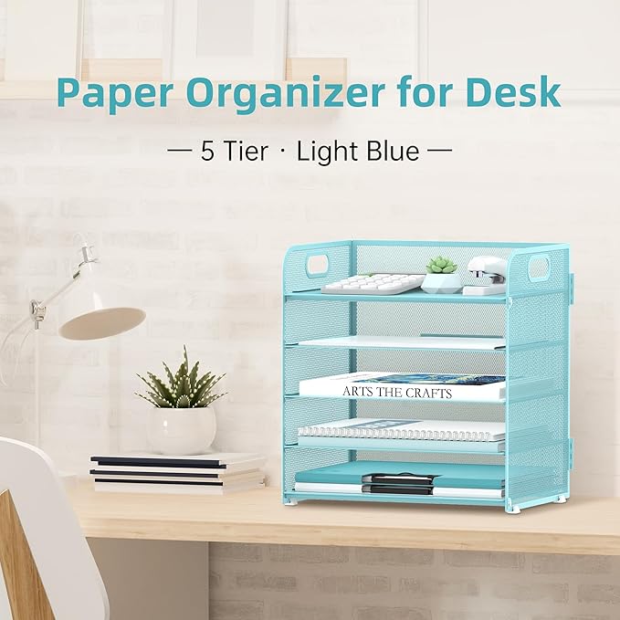 2 Pack 5-Tier Blue Desk Organizer with Handle Mesh Desk File/Paper Organizer Letter Tray for Office, School and Home Easy Installation
