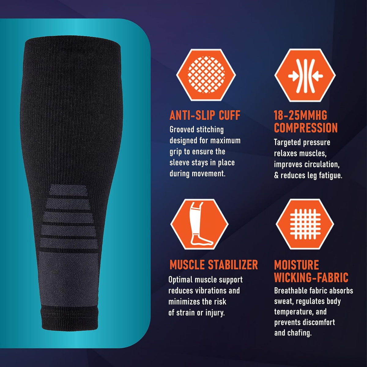 PhysFlex Calf Compression Sleeves - Footless Support Socks for Varicose Veins & Shin Splints | Black, Medium (1 Pair)