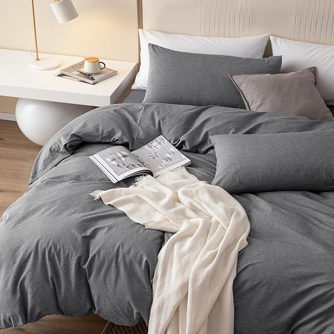 JIYUAN 100% Washed Cotton Duvet Cover Set 3 PCS Super King Plus, 1 Duvet Cover 120"x120" (Comforter Not Included) and 2 Pillowcases,Linen Feel Bedding Set Comfy and Breathable, Heathered Dark Grey