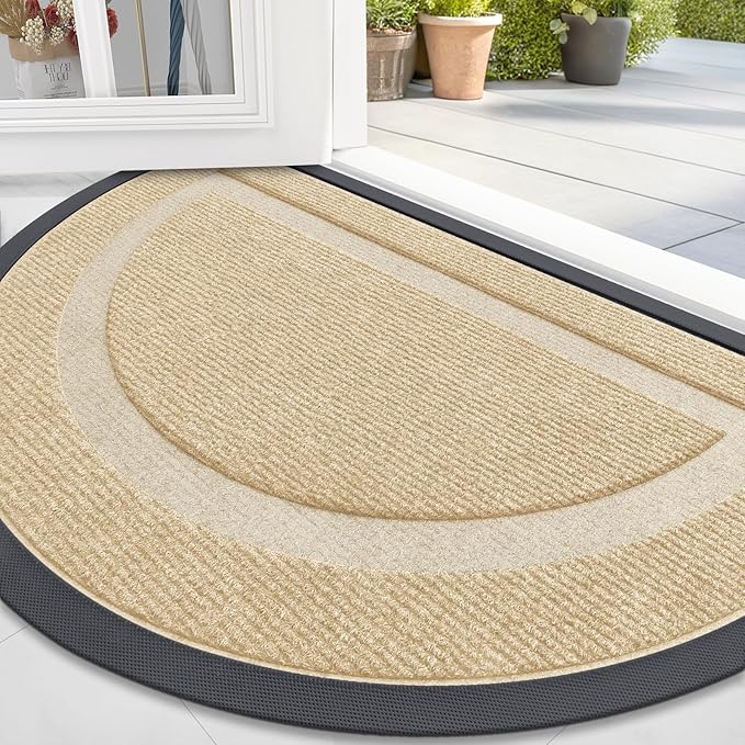 OLANLY Half Circle Door Mat Indoor Outdoor Entrance Welcome, Waterproof All-Season, All-Weather Doormat, Sturdy Natural Rubber, Low Profile, Easy Clean Patio Porch Entryway Mat, 36x24, Beige
