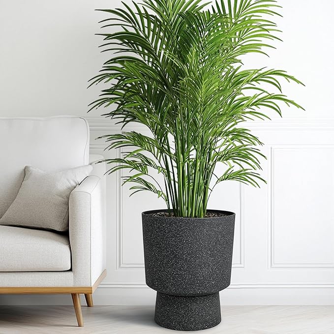 16.8" Large Planters Set of 2 Modern Pedestal Plant Pots with Drainage Hole, Durable Plastic Flower Pots w/Terrazzo Finish, Weather-Resistant for Garden Patio Balcony Home Outdoor Indoor Decor