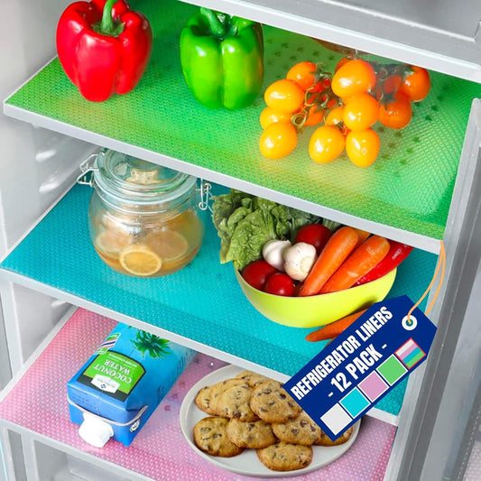 Refrigerator Liners for Shelves (12 Pack) by Linda’s Essentials - Non-Adhesive Shelf or Drawer Liner, BPA-Free Fridge Mats for Kitchen & Cabinets, Easy to Clean, Ideal Household Essentials(MultiColor)