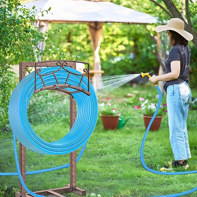 Garden Hose Holder, Heavy Duty Metal Water Hose Holders Hose Stand with 5 Spikes, Freestanding Hose Storage Rack Hose Hanger Holds 150ft Hose for Outside Yard Lawn Garden Decor