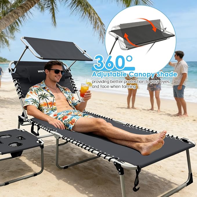 Outdoor Tanning Chair with Sun Canopy Shade & Face Hole, Folding Lounge Chair with Beach Table and Carry Bag for Poolside Sunbathing Lawn