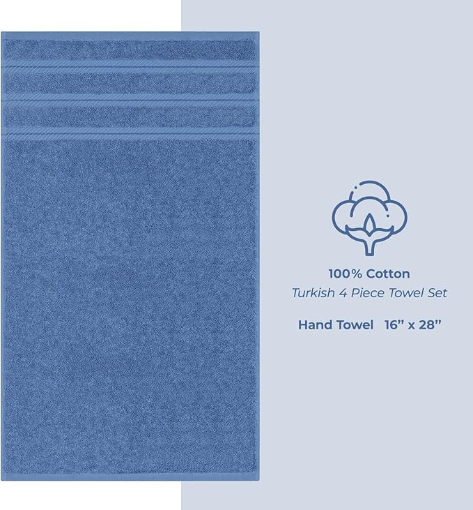 American Soft Linen Luxury Hand Towels for Bathroom, 600 GSM 100% Cotton Turkish 4 Piece Hand Towel Set, 600 GSM Hand Face Towels for Kitchen, Electric Blue Hand Towels