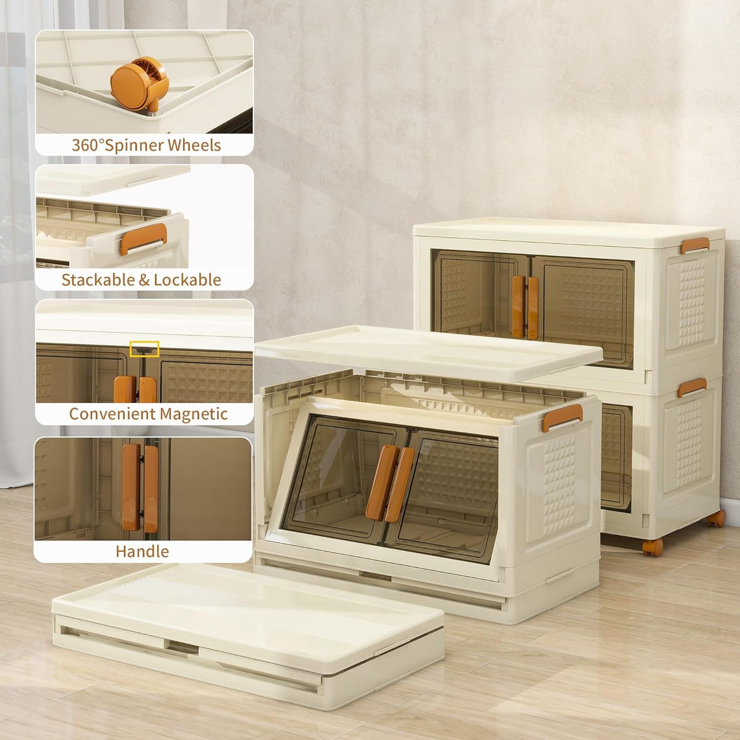 Plastic Stackable Storage Bins with Lids and Wheels, Foldable Closet Organizers and Storage Containers for Bathroom, Collapsible Clear Drawer Storage Cabinet with Doors White 45Gal 2Tiers
