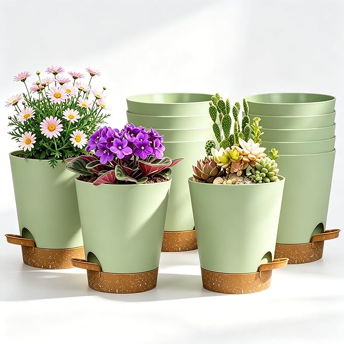 12 Pack 4 Inch African Violet Pots Self Watering, Self-Watering Planters with Drainage Holes & Reservoir, Green Brown Plastic Pots for Indoor Outdoor Plants, Succulents & Flowers