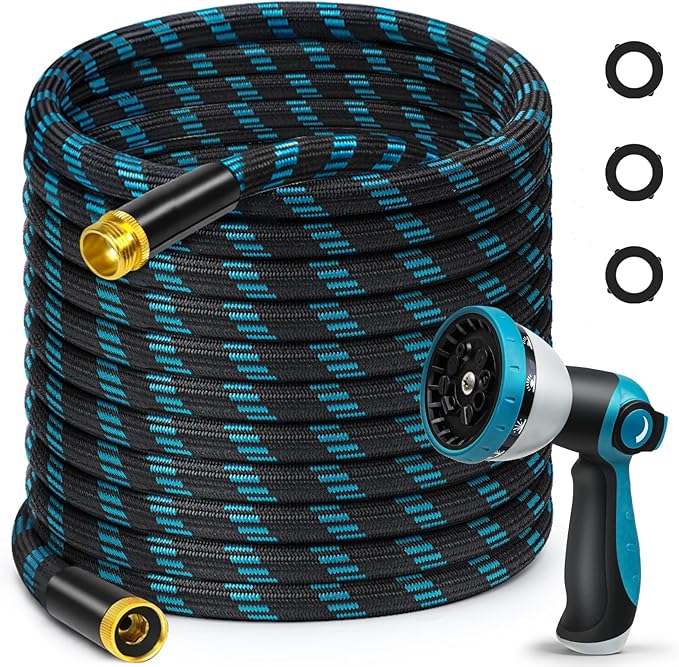75FT Garden Hose, Non-Expandable Flexible Fabric Water Hose with 10-Function Spray Nozzle, Kink-Free & Lightweight Yard Hose with 3/4" Solid Brass Connectors for Lawn, Outdoor, RV & Marine Use