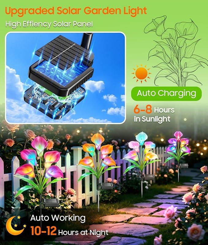 KOOPER Solar Lights Outdoor Decorative, 4 Pack Color Changing Solar Garden Lights With 20 Calla Lily Flower Lights, Solar Flowers Outdoor Waterproof IP65 For Yard Lawn Garden Decor, Gift For Women Mom