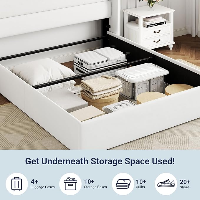 Allewie Queen Size Velvet Lift Up Storage Bed, Modern Wingback Headboard, Hydraulic Support, No Box Spring Needed, White