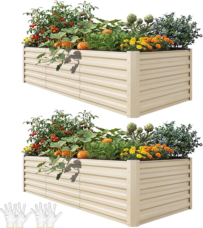 YITAHOME 8x4x2ft 2pcs Large Raised Garden Bed Kit, Galvanized Metal Planter Box with Gloves & Safety Rubber, Outdoor Above Ground Planters for Plants Vegetables Flowers, Cream Yellow