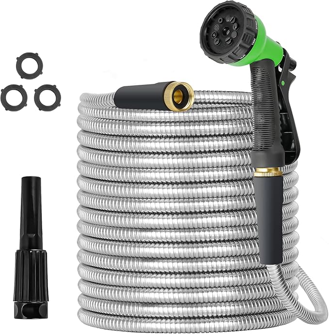 TVKB Garden Hose 100ft Stainless Steel Water Hose Super Tough Flexible Water Pipe with Brass Fittings and Sprayer Nozzle, No Kink, Rust Proof