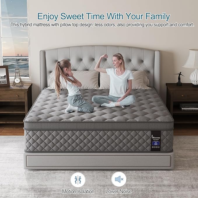 King Mattress, 12 Inch Hybrid Mattresses Grey Medium Firm Euro Top for Back & Lumbar Support, 100 Night Trial, Individual Pocket Spring for Motion Isolation & Pressure Relief