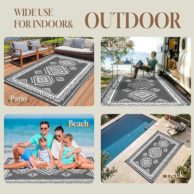OMERAI Reversible Waterproof Outdoor Rug for Backyard,Plastic Textured Resistant Outdoors Rugs,Portable Washable Easy Cleaning Foldable Camping Beach Carpet for Patio Courtyard, 8'x10' Gray & White
