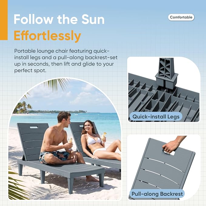 Greesum Outdoor Chaise Lounge Chairs Set of 2 with 5-Position Adjustable Backrest, Waterproof PP Sun Chaise Loungers for Garden Pool Beach Patio Deck Sunbathing, Grey