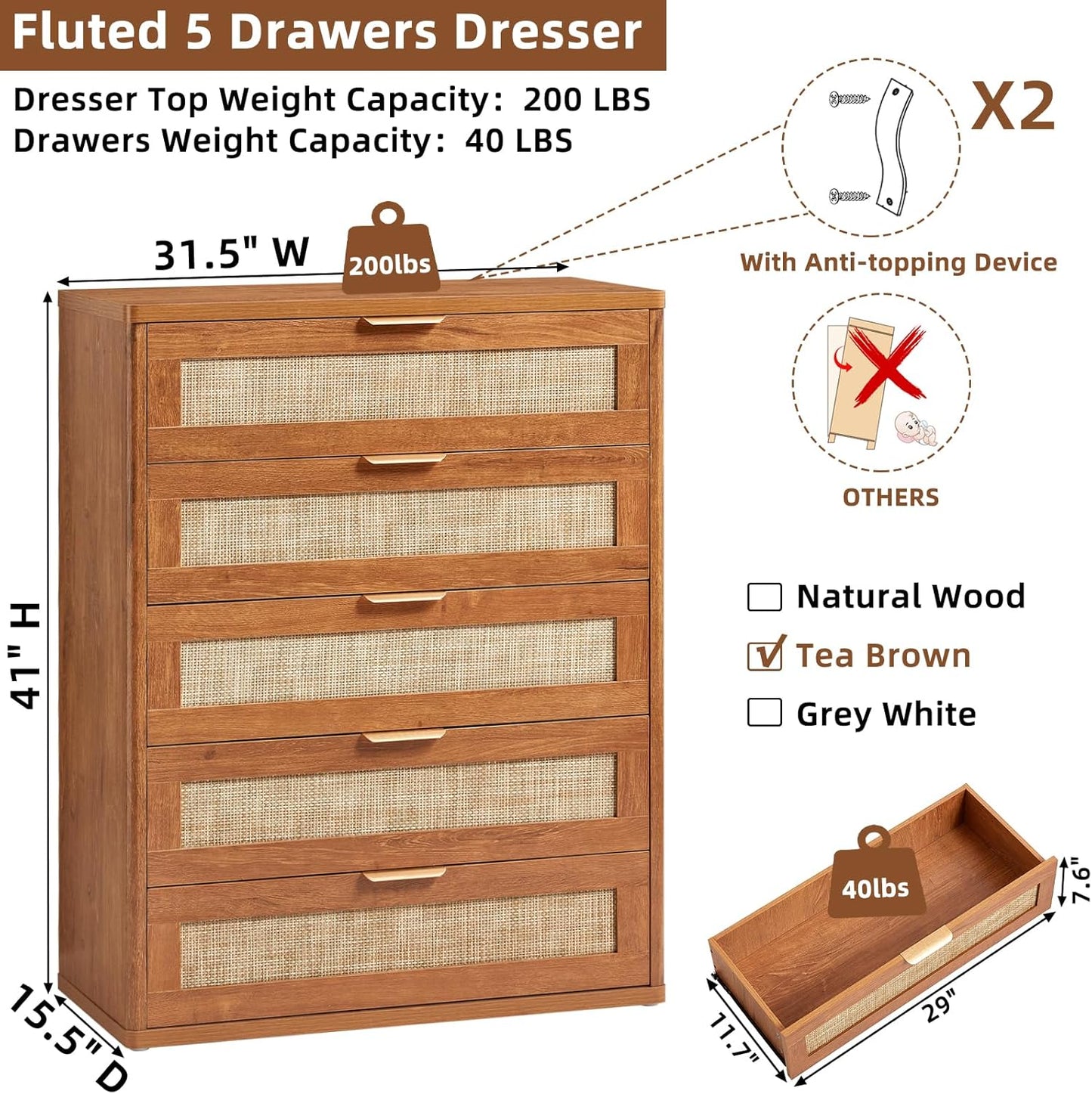 LEYAOYAO Rattan Dresser for Bedroom Set 2, 41" Tall Chest of Drawers, Modern 5 Drawers Boho Dressers with Storage, Light Oak Dresser Wooden Closet Organizer for Living Room, Hallway, Tea Brown
