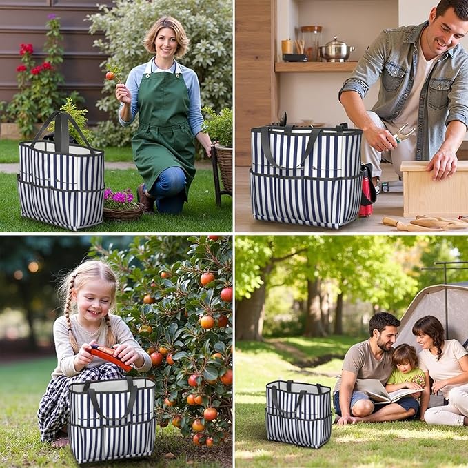 Classic Garden Tool Bag - Waterproof Blue Checkered Garden Tote with 8 Pockets, Large Storage Home Organizer Gardening Tool Oxford Bag for Garden Tools Kits Holder, Gardening Gift for Women & Men
