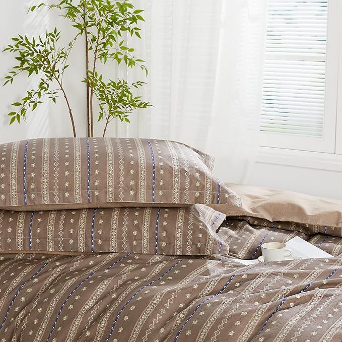 SAPHREAS Brown Stripe Duvet Cover Set Full Size 3pcs Floral Pattern Bedding Comforter Cover Set 100% Cotton 1 Duvet Cover 80"x90" 2 Pillow Shams, Comforter Not Included