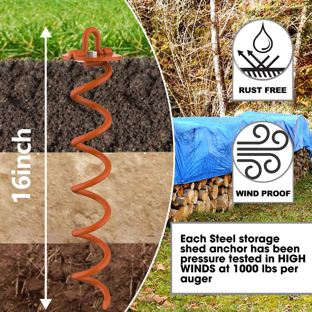 Eurmax USA 4-Pack Spiral Ground Stakes,Anti-Rust High Wind Trampoline Stakes Anchors,Heavy Duty Screw-In Anchor Kit with Tie Down Straps for Dog Tie-out,Trampoline,Tents,Tarps,Carports and more,Orange