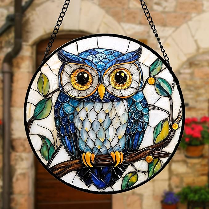 Stained Glass Window Hanging, Owl Gifts for Women Sun Catchers Diamond Glass Panel Hangings Birds Suncatcher Decor for Birthday for Women, Men, Wife, Aunt, and Mom 11.8x11.8 in