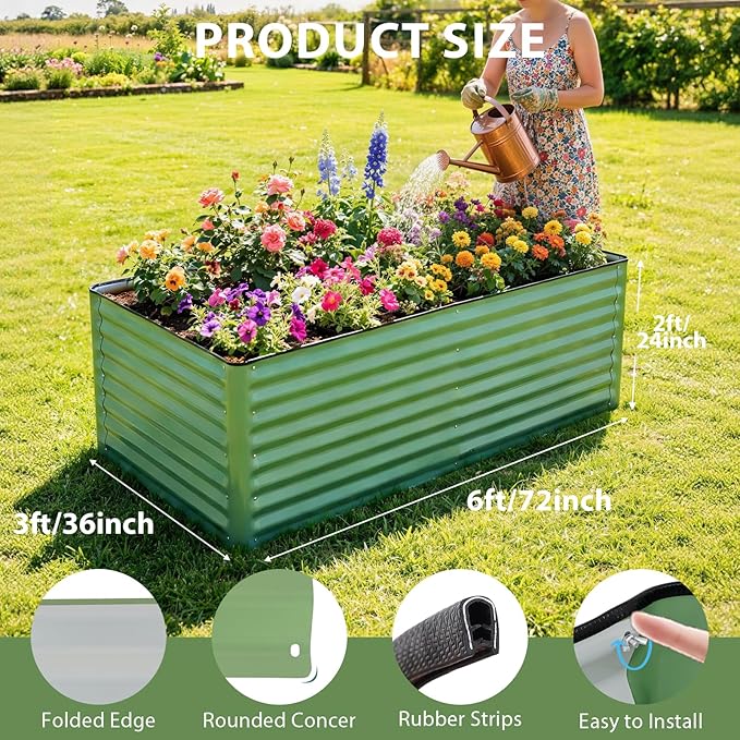 Galvanized Raised Garden Bed – 1 Pack 6x3x2 Ft Patented Leak-Proof Planter Box Outdoor Gardening Metal Raised Garden Beds Kits for Veggies, Herbs & Flowers (Green)