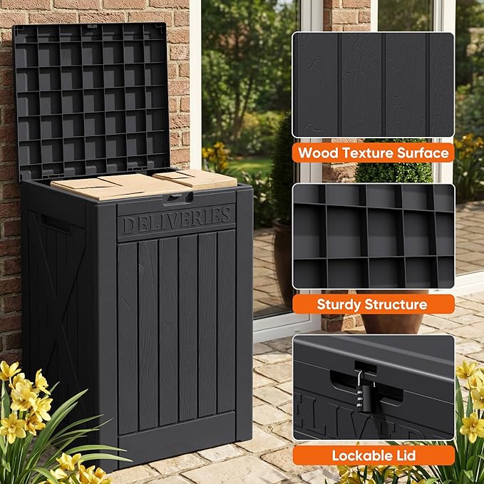 Flamaker 50 Gallon Deck Box, Package Delivery Box for Outside, Outdoor Package Drop Container for Gifts, Waterproof Plastic Storage Container with Lockable Secure for Porch (Black)