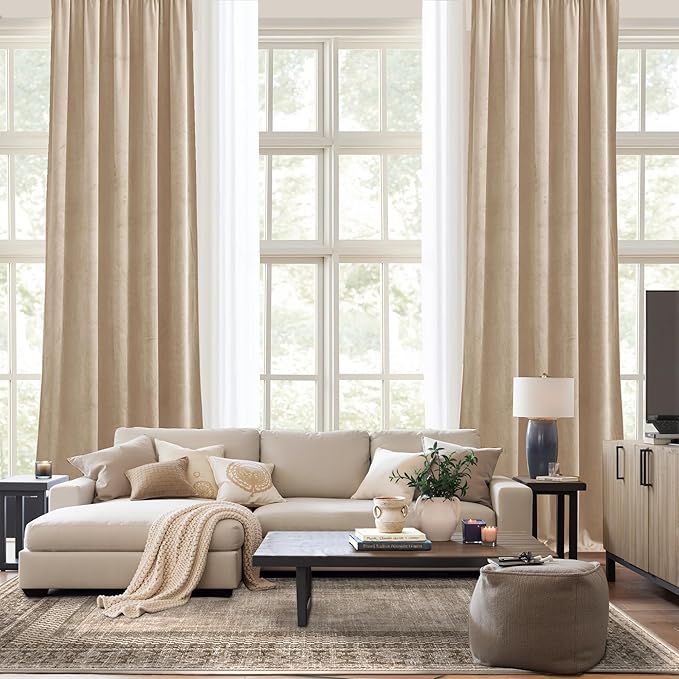 NICETOWN Beige Velvet Room Darkening Curtains, Home Decor Light Blocking