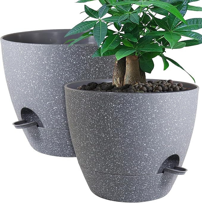 UOUZ 12inch 2Pack Large Self Watering Planters, Plastic Plant Pots with 60oZ Removable Deep Reservoir and Multi Mesh Drainage Holes for Indoor Outdoor Garden Plants and Flowers, Grey Speckles