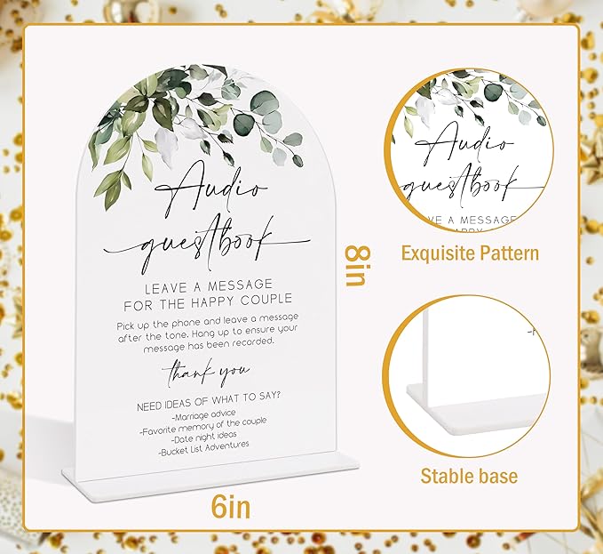 Wedding Signs for Reception, Green Leaves Audio Guestbook Sign, Wedding Reception Signage, Bridal Shower Table Decorations with Base, Supplies for Proposal, Bridal Shower Events and Ceremony, 07