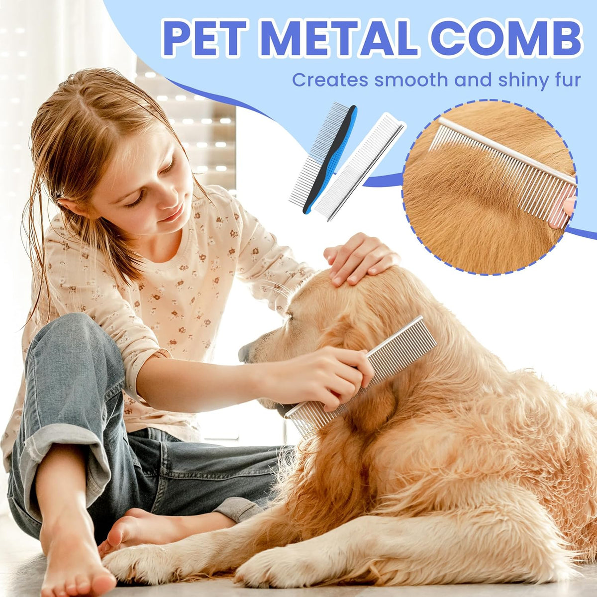 Skiennix Self-Cleaning Shedding Brush - 5-in-1 Professional Grooming Kit for Dogs & Cats | Blue