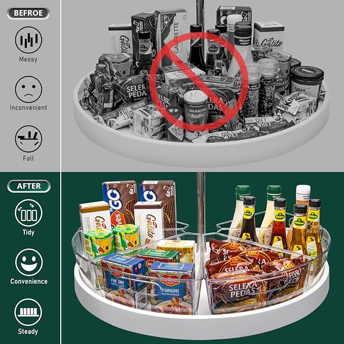Lazy Susan Cabinet Organizer Bins for 26"/ 28"/ 32" Diameter Corner Organizer, Plastic Cabinet Storage Bin, 1/8 Wedge - Food Safe, BPA Free, with Non-Slip Pads (for 26" Diameter, 8 Pack)