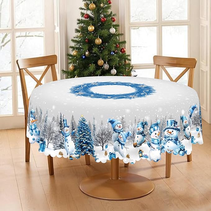 Eikione Round Tablecloth 60inch, Christmas Tablecloth Waterproof and Wrinkle-Free, Table Covers, Winter Decorations for Home Dining Blue