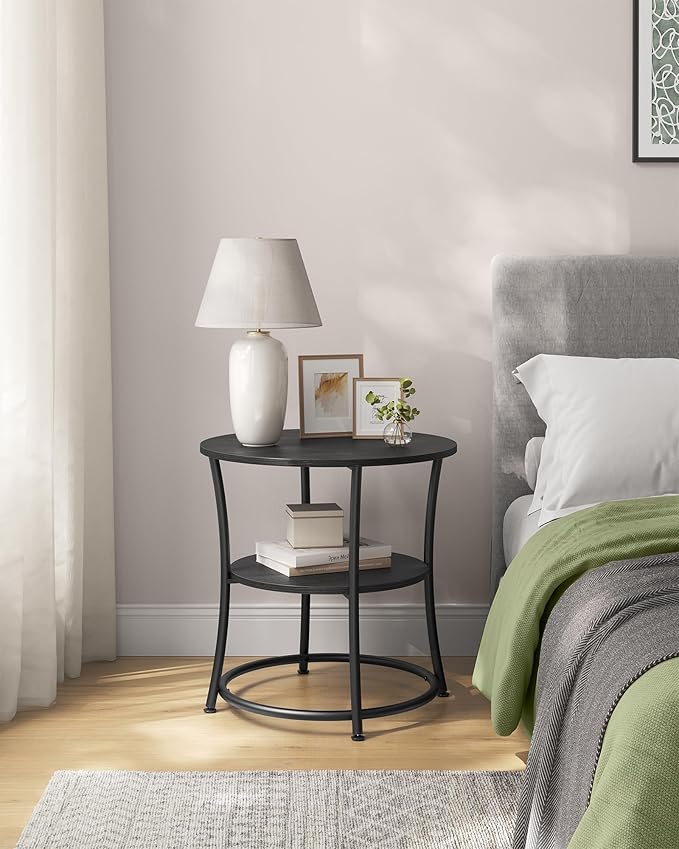 VASAGLE 21.7-Inch Round Side Table, 2-Tier End Table, Nightstand with Steel Frame, Spacious Top, for Small Spaces, Living Room, Bedroom, Charcoal Gray and Ink Black ULET056B22