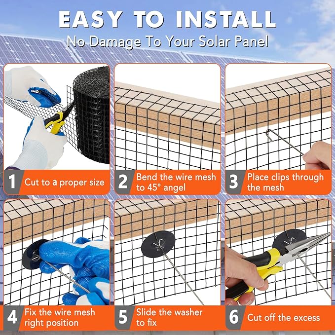 6in x 120ft Solar Panel Bird Guard & Critter Guard Mesh Kit, PVC Coated Wire Mesh Bird Wire with 100 Clips, 100 Cable Ties, Gloves, Pliers, DIY Bird Netting Solar Panel Bird Mesh Barrier
