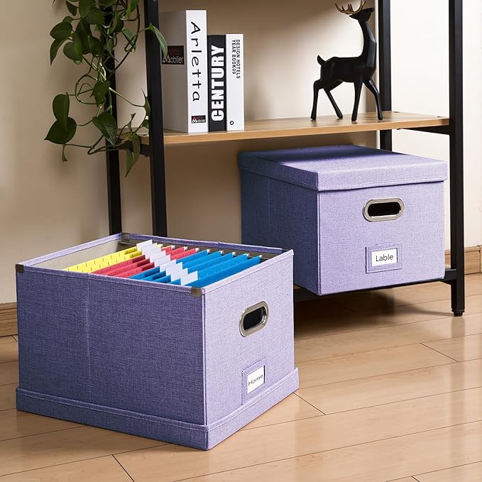 PRANDOM File Organizer Box - Set of 1 Collapsible Decorative Linen Filing Storage Hanging File Folders with Lids Office Cabinet Letter/Legal Purple (17x14x11.2 inch)