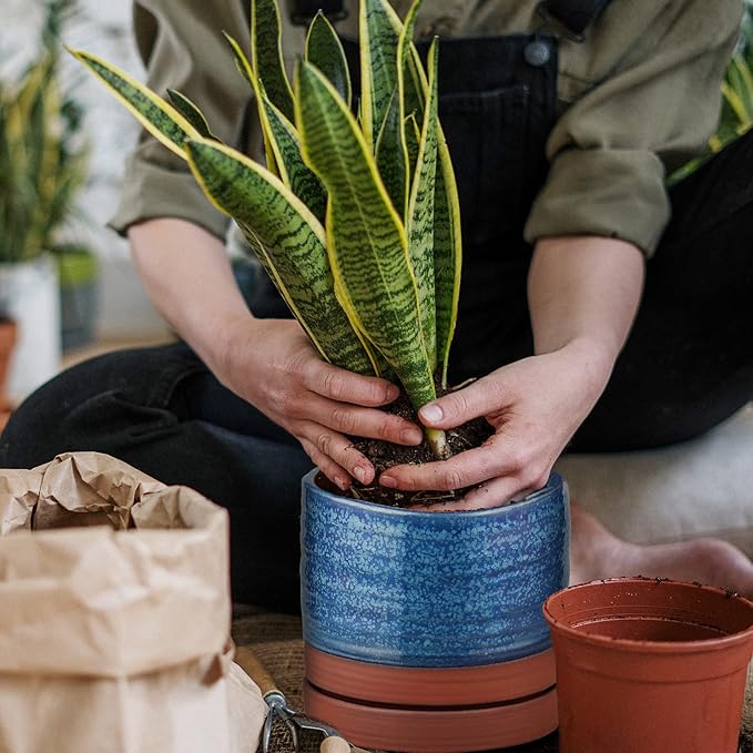 HERDUK 6 Inch Plant Pots, Ceramic Planter Pot with Drainage Hole & Saucer, Indoor/Outdoor Cylinder Round Planter Pot, Aqua Blue & Terracotta Red