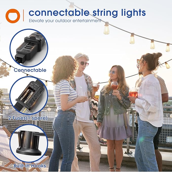 addlon 50FT LED Outdoor String Lights Waterproof Patio Lights with 27 Shatterproof ST38 Replaceable Bulbs(2 Spare), Dimmable Outside Hanging Light Connectable for Porch, Backyard, 2200K Warm Yellow