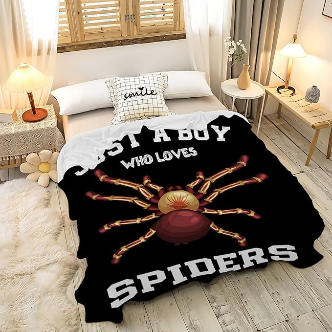 Just A Boy Who Loves Spiders Blanket Lightweight Cozy Flannel Fleece Throw Blanket Best Gift Home Decor for Bed Couch Outdoor Camping 50"x40" S for Kids