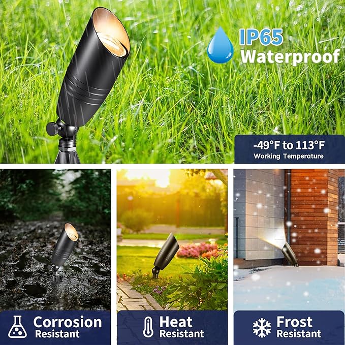 Spot Light Brass - Outdoor Landscape Spotlights LED, 12V Low Voltage Landscaping Uplights, Hard-Wired All Weather Black for Backyard Lawn with Day Light Changeable Bulbs (8 Pack)