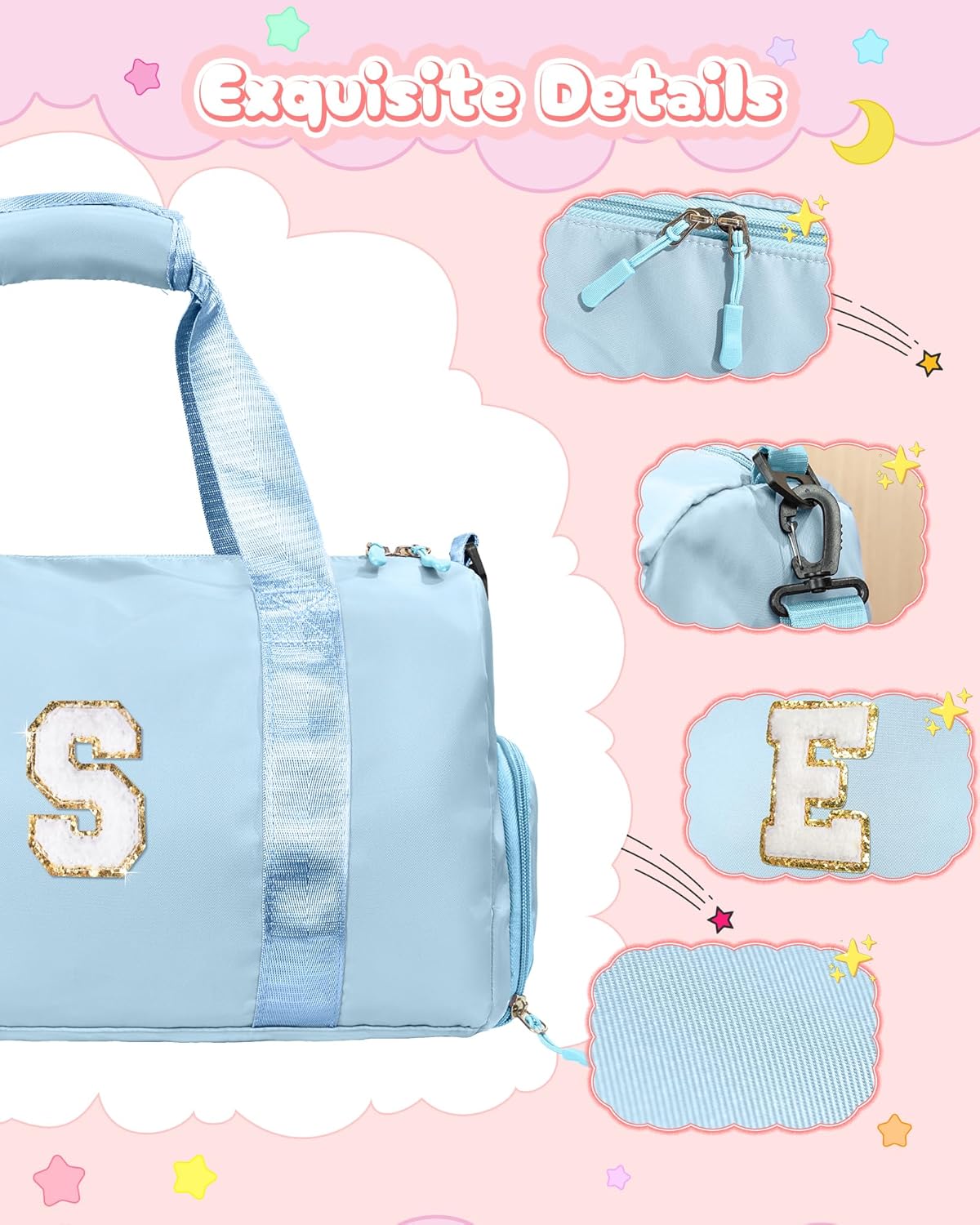 Skiennix Girl Gym Bag - Personalized Weekender Tote with Shoe Compartment & Makeup Pouch (Letter D)