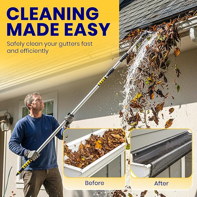 20ft Reach Telescopic Gutter Cleaning Tools from the Ground – Rain Gutter Cleaner with Heavy Duty Bendable Wand, Hose Attachment, Extension & Connecting Adapter | O-Ring Leak Proof Design